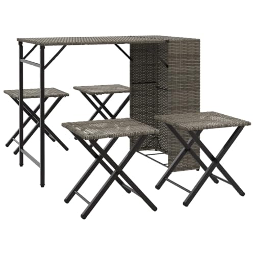 vidaXL Garten Essgruppe 5-TLG., Gartenmöbel Set Klappbar, Gartengarnitur Tisch 4 Hocker, Sitzgruppe für Camping Terrasse, Grau Poly Rattan