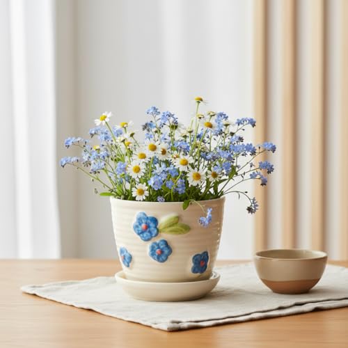 Image of Kraftlik Handicrafts Small Ceramic Planter with Attached Saucer | White Textured Mini Flower Pot for Succulents & Home Decor (Pack of 1)