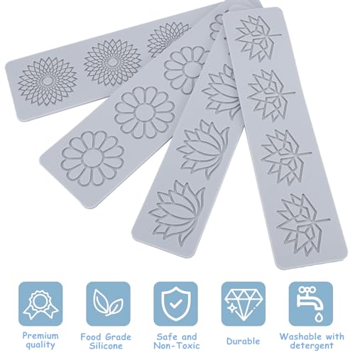 Image of Silicone Tuile Mould, 4pcs Leaf & Flower Shapes, Gray, Food Grade, Easy Clean, Durable, Multi-functional Baking Molds