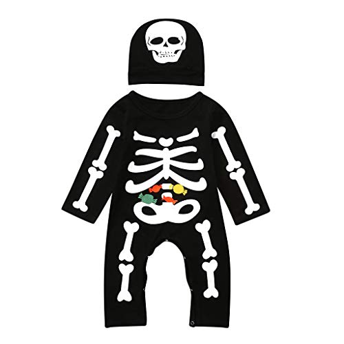 POLP Niños Halloween Conjuntos Unisex Monos Mameluco y Sombrero Niñas 2 años Disfraz Halloween Estampado de Esqueleto Bebe Niña Disfraz Halloween Party Pijama Bodies de Manga Larga Negro
