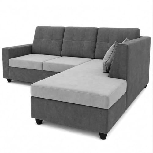 Image of FURNY Nathan 4 Seater L Shape Sofa Set RHS (Light Grey-Dark Grey) | Suede Velvet Finish | Durable Comfort Sofa for Modern Living Room & Office Spaces
