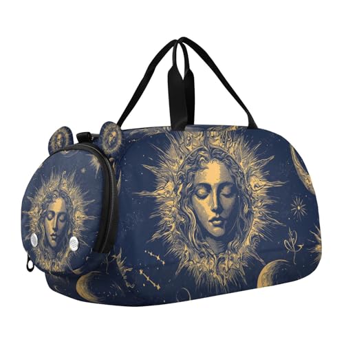 Duffle Bag for Boys or Girls with Shoes Compartment, Vintage Celestial Star Sun Sports Travel Bag Overnight