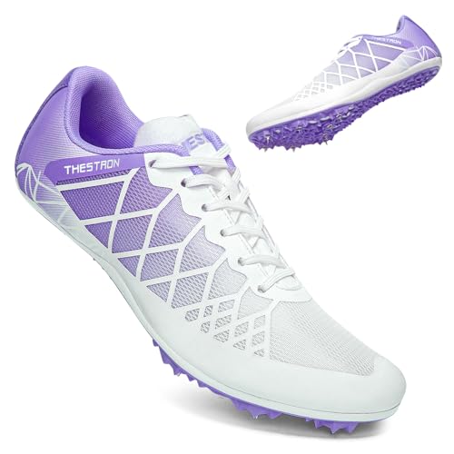 THESTRON Professional Spikes Track & Field Shoes for Men Women Kids Breathable Racing Jumping Sprint Running Sneakers White Purple