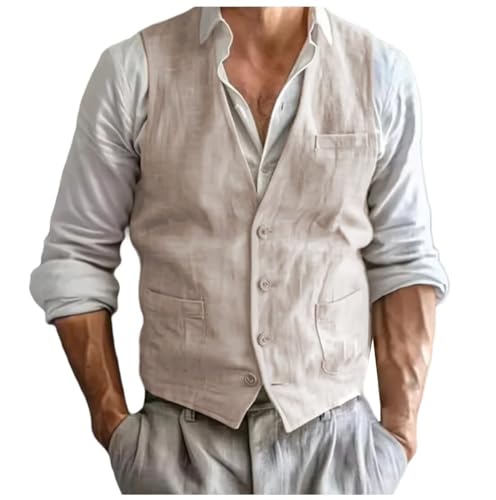 Mens Linen Vest Business Casual V Neck Suit Vest Groom Summer Beach Wedding Party Waistcoat2