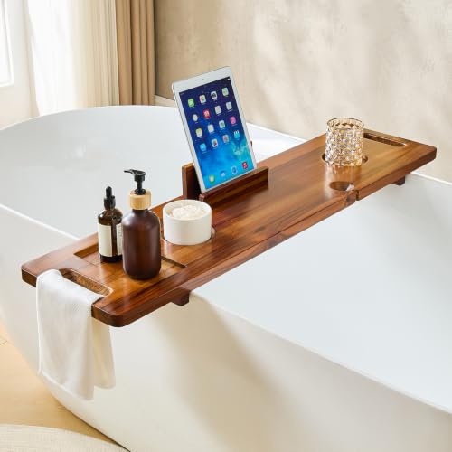 38.5" x 10" Teak Wood Bathtub Adjustable Caddy Tray