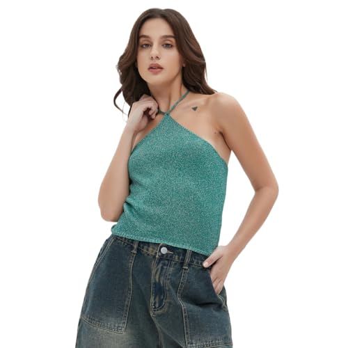 LRF Halter Top Mesh Top Shiny Sparkly Cozy Sleeveless Casual Top Sexy Y2k Trendy Top