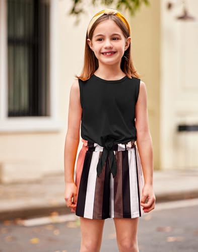 Image of Arshiner Girl's 2 Piece Outfits Tie Knot Tank Top and Paperbag Waist Pocketed Summer Short Sets