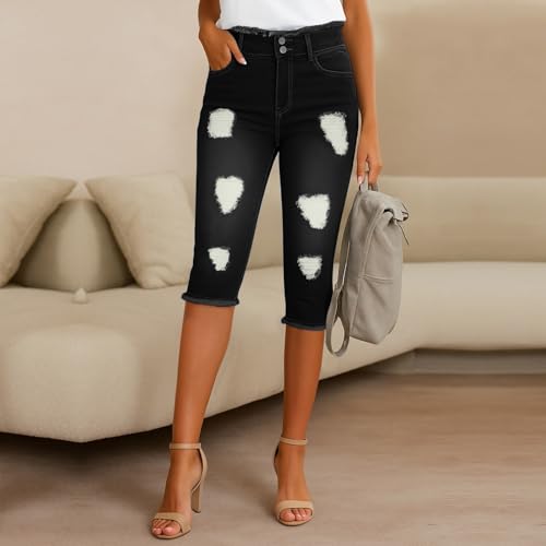 Jean Capris for Women Stretchy Distressed Low Rise Jeans Butt Lifting Raw Hem Ripped Denim Capri Pants with Pockets2