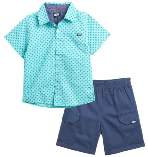 DKNY Toddler Boys Short Set - 2 Piece Short Sleeve Button Down Shirt and Matching Summer Cargo Shorts for Boys