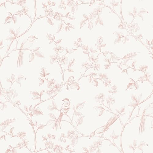 Yomshi Papier Peint Autocollant Oiseaux Fleurs Rose Film Adhésif Meubles Vinyle Imperméable Film pour Meubles 44 cm x 3 m Papier Peint Mural pour Chambre à Coucher,...