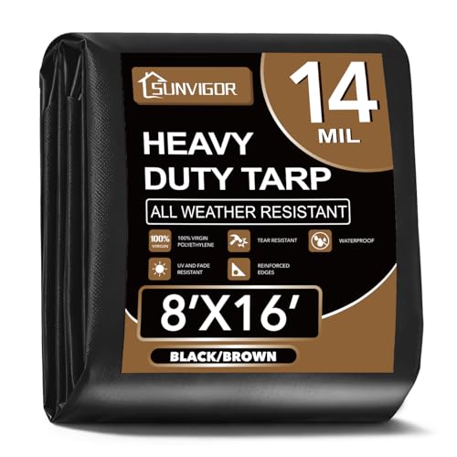 Sunvigor Tarp Waterproof 8x16Ft Extra Thick 14 Mil Heavy Duty Tarp Cover Tear & Fade Resistant Outdoor Tarps with Brass Grommets and Reinforced Edges for Roof Camping Patio Boat (Black/Brown)