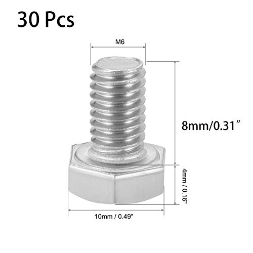 Image of 30 Pcs M6 Hex Bolt M6-1 x 8mm UNC Hex Head Screw Bolts A2-70(304) Stainless Steel Fully Threaded Hex Tap Bolts，Plain Finish，Fully Threaded (M6 x 8mm)