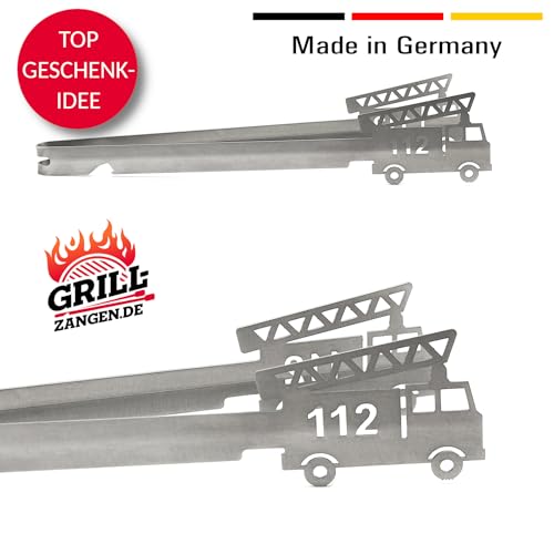 Grill-Zangen.de Grillzange Motiv Feuerwehr, spülmaschinengeeignet, Geschenkidee, Männergeschenk, 1 Stück, Edelstahl, 310mm, Silber