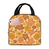 Abstract 70s Retro Vintage Colors Orange Hippy Floral Pattern Insulated Lunch Bag Portable Reusable Lunch Box Thermal Cooler Tote Bag With Pockets For Women Men Work Office Picnic Travel