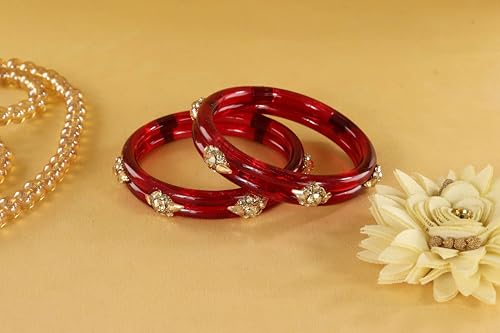 Image of NMII Diamond Glass Bangles Crystal Kada Set For Women & Girls Adorned with Golden Zircon Stones | Trending Girls Bangles Bracelet | Transparent Chudi Kangan For Wedding, Party, Daily, Ethnic- Set of 2