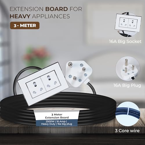 Image of Extension Board Heavy Duty Multi Socket 15A /16A /20A (2500 Watts 16A Big Plug and Two 16A Socket, 3 Meter)
