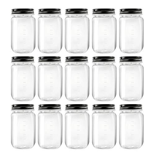 Novelinks 16 Ounce Clear Plastic Jars with Black Lids - Refillable Round Clear Containers Clear Jars Storage Containers for Kitchen & Household Storage - BPA Free (15 Pack)