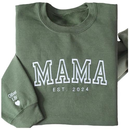 WEAR PHYSIQUE Custom Embroidered Mama Sweatshirt, Personalized Sleeve with Names, New Mom