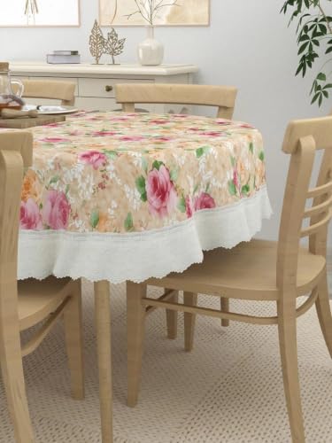 Image of Dakshya Industries PVC Waterproof Dining Table Cover for 6 Seater | Washable Oilproof Floral Printed Table Protector with Lace Border for Home Kitchen Decor (Oval)