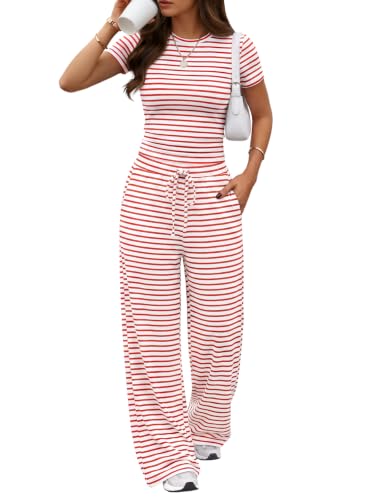 Image of Trendy Queen Women's 2 Piece Matching Summer Lounge Set with Pockets | Vacation Airport Travel Outfits, Workout Gym Clothing Comfy Athleisure Clothes, Side-ruched Top, Drawstring Wide Leg Pants