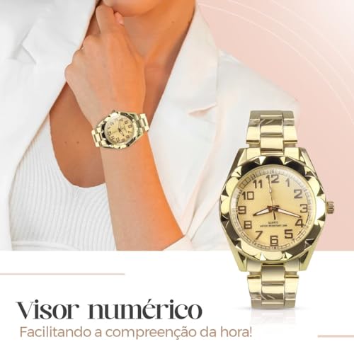 Kit Maria Elegante Relógio Feminino Edição Limitada e Pulseira Banhados Ouro Caixa Premium Presente