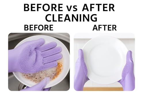 Image of Gloves Magic Silicone Dish Washing Gloves, Silicon Cleaning Gloves, Silicon Hand Gloves for Kitchen Dishwashing and Pet Grooming, Great for Washing Dish, Car, Bathroom (Purple)