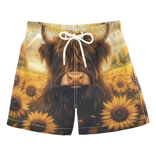 Boys Swim Trunks Sunflower Highland Cow Sun Toddler Swim Shorts Beach Board Shorts Swimsuit