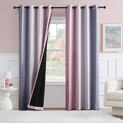 PONY DANCE 100% Blackout Ombre Wave Curtains for Girls - Thermal Privacy Curtains, Noise Reducing Eyelet Gradient Drapes for Bedroom and Living Room, 52 x 54 Inch, Pink and Grey, 2 Panels