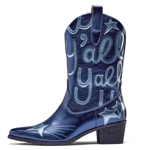 Image of Metallic Cowboy boots for Women Embroidered Mid Calf Womens Cowgirl Boots Western Pointed Toe Chunky Heel