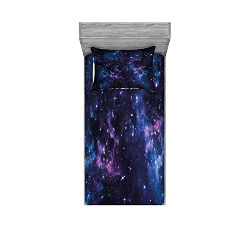 Ambesonne Space 2 Pack Fitted Sheet & Pillow Sham Set, Sky with Star, 4 Pcs Bedding Decor, Package Contains 2 Twin Size Fitted Sheets & 2 Pillow Covers, Dark Purple and Blue