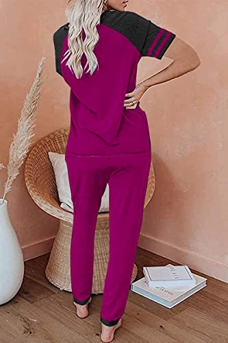 Image of PRETTYGARDEN Women Summer Two Piece Outfits Striped Short Sleeve Pullover and Long Pants Tracksuit Travel Pajama Lounge Set
