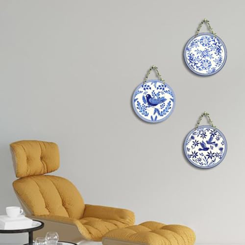 Blue and White Decorative Wall Wooden Plates, Set of 3, Floral Bird Design, Hanging Art with Vine String - Image 5