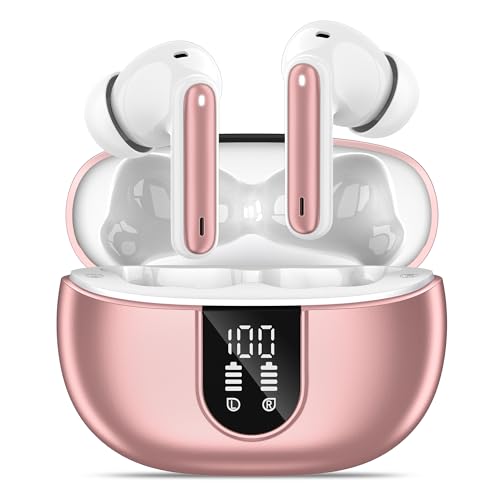 MoBadeety Wireless Earbuds, Bluetooth 5.3 Headphones 40Hrs Playtime Deep Bass Stereo, LED Power Display, Call Noise Canceling Headphones with Mic, IP7 Waterproof Earphones for iOS Android Rose Gold