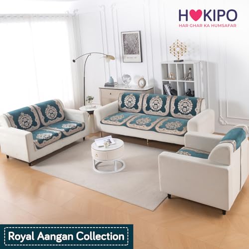 Image of HOKIPO Shahi Teal Premium Chenille Jacquard Sofa Cover 6 Seater Set - Washable 3+2+1 Sofa Panel for Seat & Back | 'Royal Aangan Series' (IN-1008 * 2 + IN-1007 * 2 + IN-1006 * 2-L2)