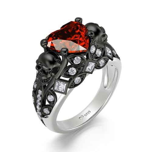Jeulia 2.55ct Skull Engagement Ring Sets Sterling Silver Heart Cut Red Diamond Ruby Rings Cubic Zirconia Wedding Promise Anniversary Romantic Jewelry for Women Grils Bridal with Gift Box (black, 7.5)