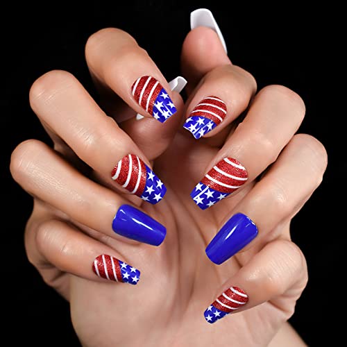 Echiq Royal Blue Glossy Press On Nail With Star And Line Artificial Acrylic Medium Length Nature Fake Nails Reusable Full Cover Wearable Coffin False Stick On Nail Art Tips For Women Ladies Girls Gift 24Pcs/Set #TOP6