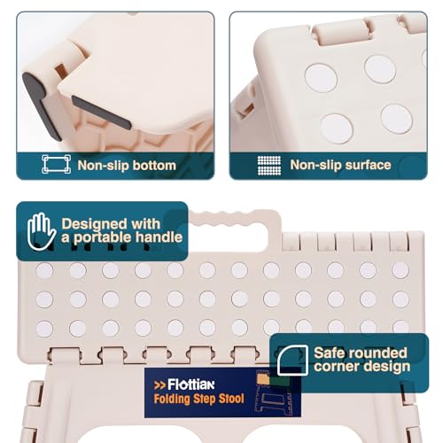 Image of Flottian 9 inch Folding Step Stool for Adults and Kids 15-Inch Extra Wide Stool Holds Up to 300 lbs,Non-Slip Folding Stools with Handle,Compact Plastic Foldable Step Stool for Bathroom,Kitchen,ect,Khaki