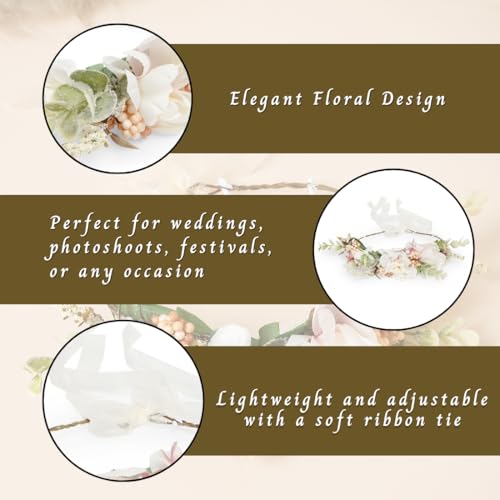 Image of Radhu & Kabby White & Blush Pink Floral Hair Tiara for Women | Delicate Artificial Flower Crown with Ribbon Tie | Elegant Headpiece for Weddings, Parties & Photoshoots | Lightweight | 1 Piece