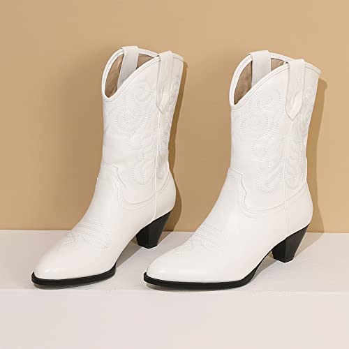 Image of Womens Embroidered Cowgirl Boots Pull On Cowboy Boots for Women Floral Low Chunky Heel Western Boots