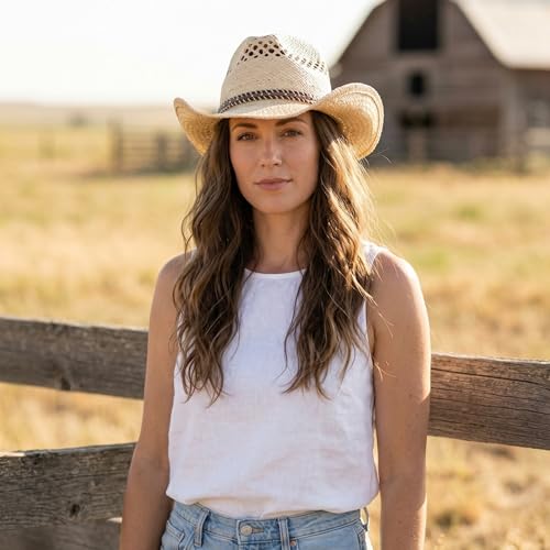 Image of Straw Cowboy Hats Cowgirl Hat Western Cowboy Hat Rancher Hat for Men Women, Exquisite Decoration Band