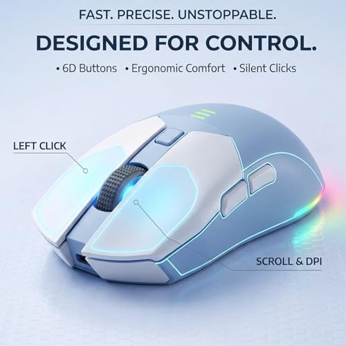 Image of Offbeat Ivy Wireless Gaming Mouse Bluetooth 5.2, 2.4GHz Triple Mode, Rechargeable 5000 DPI, 1000Hz Polling Rate, 6D Buttons, 600mAh Battery, Silent Click, Gaming Mouse for PC & Laptop - White Blue