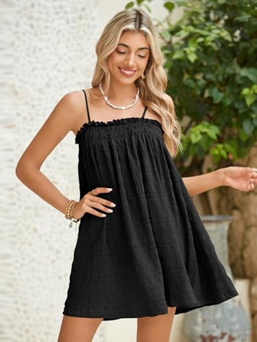Image of MakeMeChic Women's Babydoll Dress Sleeveless Swing Shirred Mini Dresses | Beach, Summer, Sundress, Ruffle, Casual Dress, Flowy Dress