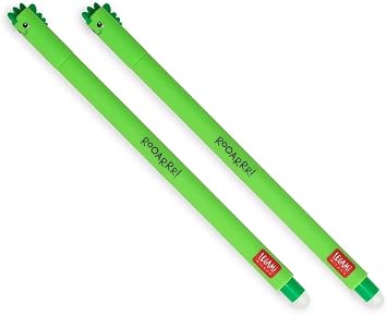 LEGAMI Erasable Gel Pen - Dino, Thermosensitive Ink, 0.7 mm Tip Diameter, 15 cm Length, Green ink Pack of 2