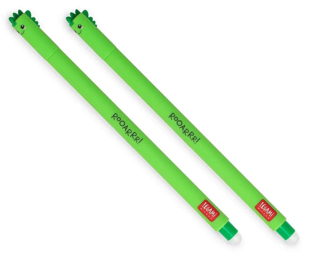 LEGAMI Bolígrafo de gel borrable Dino, tinta termosensible, diámetro de punta de 0,7 mm, longitud de 15 cm, tinta verde (paquete de 2)