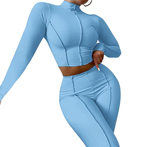 Jian E Traje de Las Mujeres Autumn Rib Sweatshirts Cultivo Top 2 Piezas Conjuntos for Mujeres Trajes Casual Sólido Femenino Fitness Traje Pantalones Stretch Pantalones (Color : Azul, Size : M)