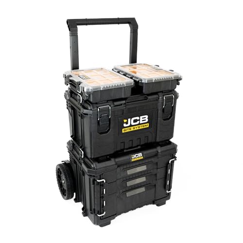 JCB Site System 5-Piece Modular Tool Box, Rolling Tool Storage, Toolbox, Organiser, Heavy-duty Tool Box 9’’ Wheel Trolley for Workshop, Builders, Decorators and Tradespeople 1 JCB Site System 5-Piece Modular Tool Box, Rolling Tool Storage, Toolbox, Organiser, Heavy-duty Tool Box 9’’ Wheel Trolley for Workshop, Builders, Decorators and Tradespeople
