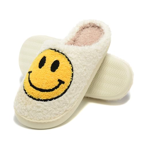 LIONPARK Retro Fuzzy Happy Face Slippers for Women Men Soft Fluffy Warm Non-Slip Happy Face Design Indoor Outdoor Anti-Skid Memory Foam Slides Yellow