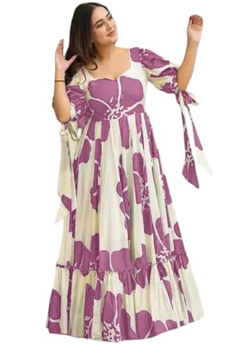 Image of Women Floral Printed Tiered Maxi Dress with Puff Sleeves, Empire Waist, Tie-Up Detail, Flared Long Dress for Casual Wear, Summer Outings, Vacation & Resort Wear - Causal Gown for Women