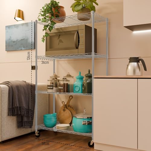 Image of 4-Shelves Wheels Heavy Duty Steel Storage Rack | Multipurpose Shelving Unit for Kitchen, Home & Utility | Grey, 4 Shelves Wheels
