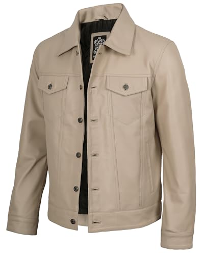 Image of fjackets Real Lambskin Vintage Trucker Leather Jacket Men - Shirt Collar Style Leather Jackets For Mens